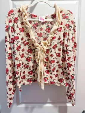 Cream Knit Floral Tie-Front Top